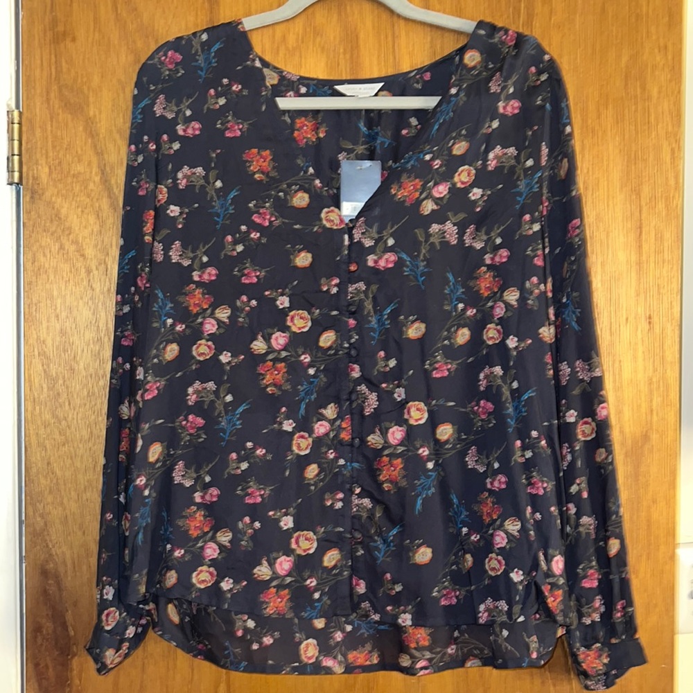 Gray floral light modal button up blouse.